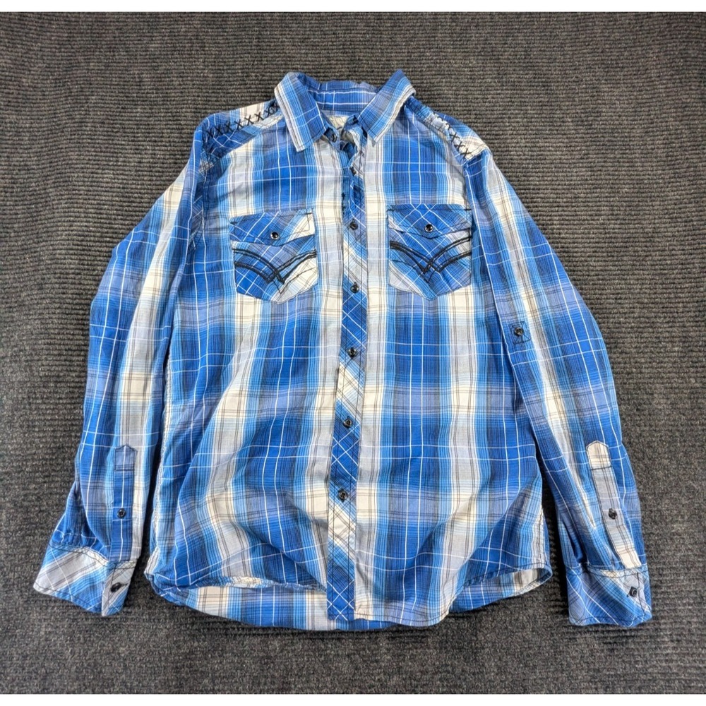 Chalc Shirt Mens Medium Blue White Plaid Cotton Long Sleeve Roll Tab Button Up